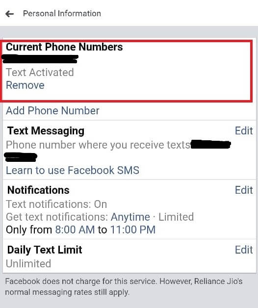facebook setting phone number removed